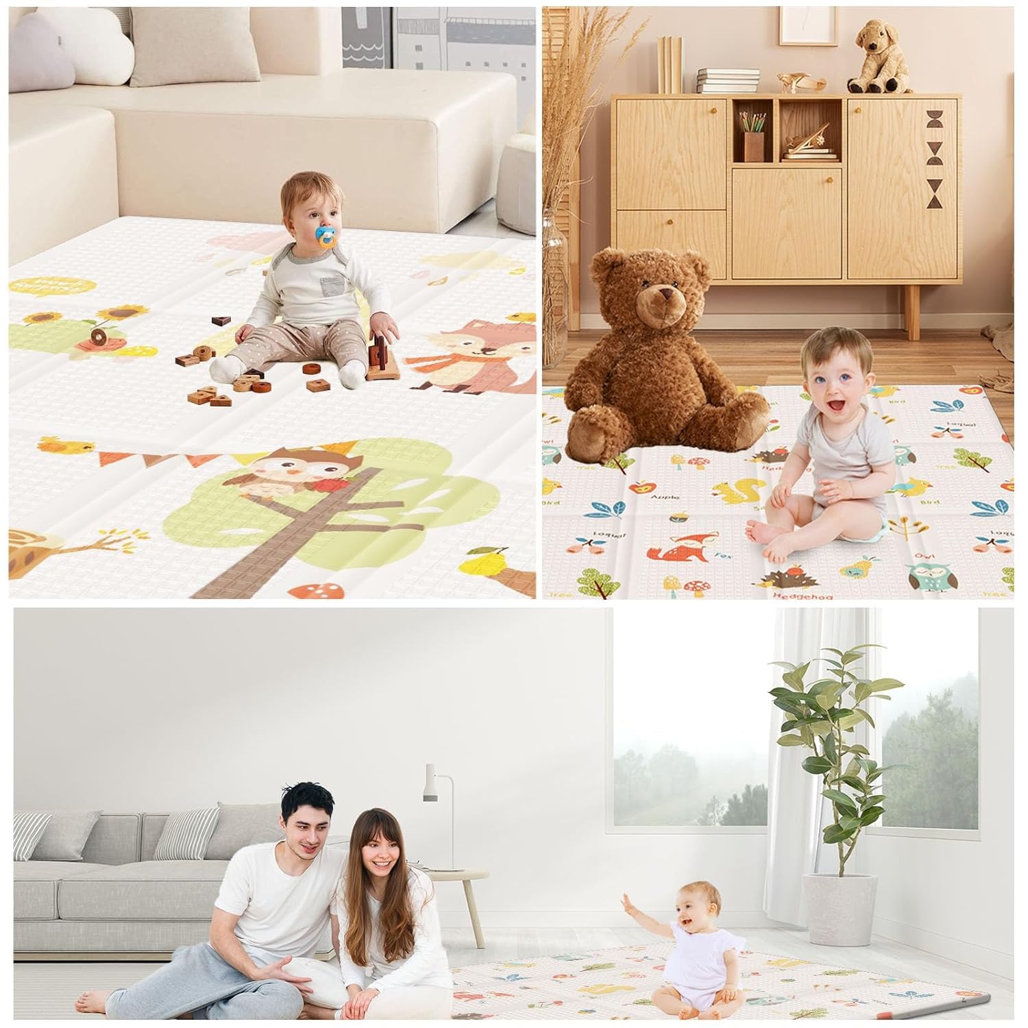 Baby playing safely on 50x50 inch cushioned floor mat