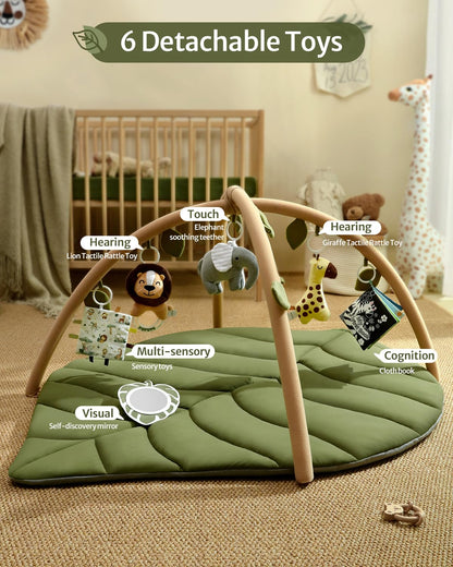Detachable animal rattles and mirror on baby play gym