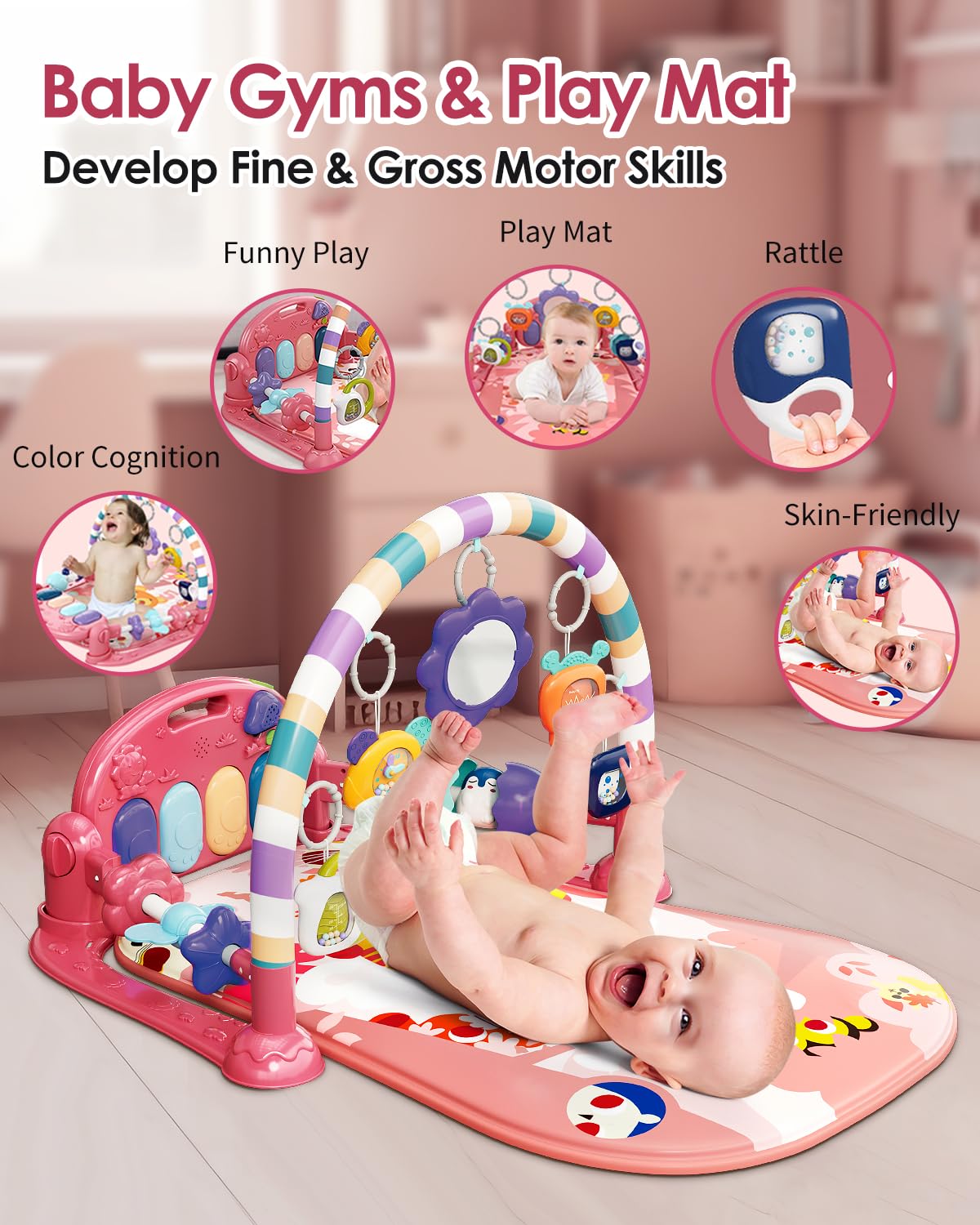 Close up view of the kick-activated musical piano keyboard with illuminated keys on the baby gym