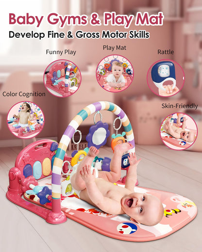 Close up view of the kick-activated musical piano keyboard with illuminated keys on the baby gym