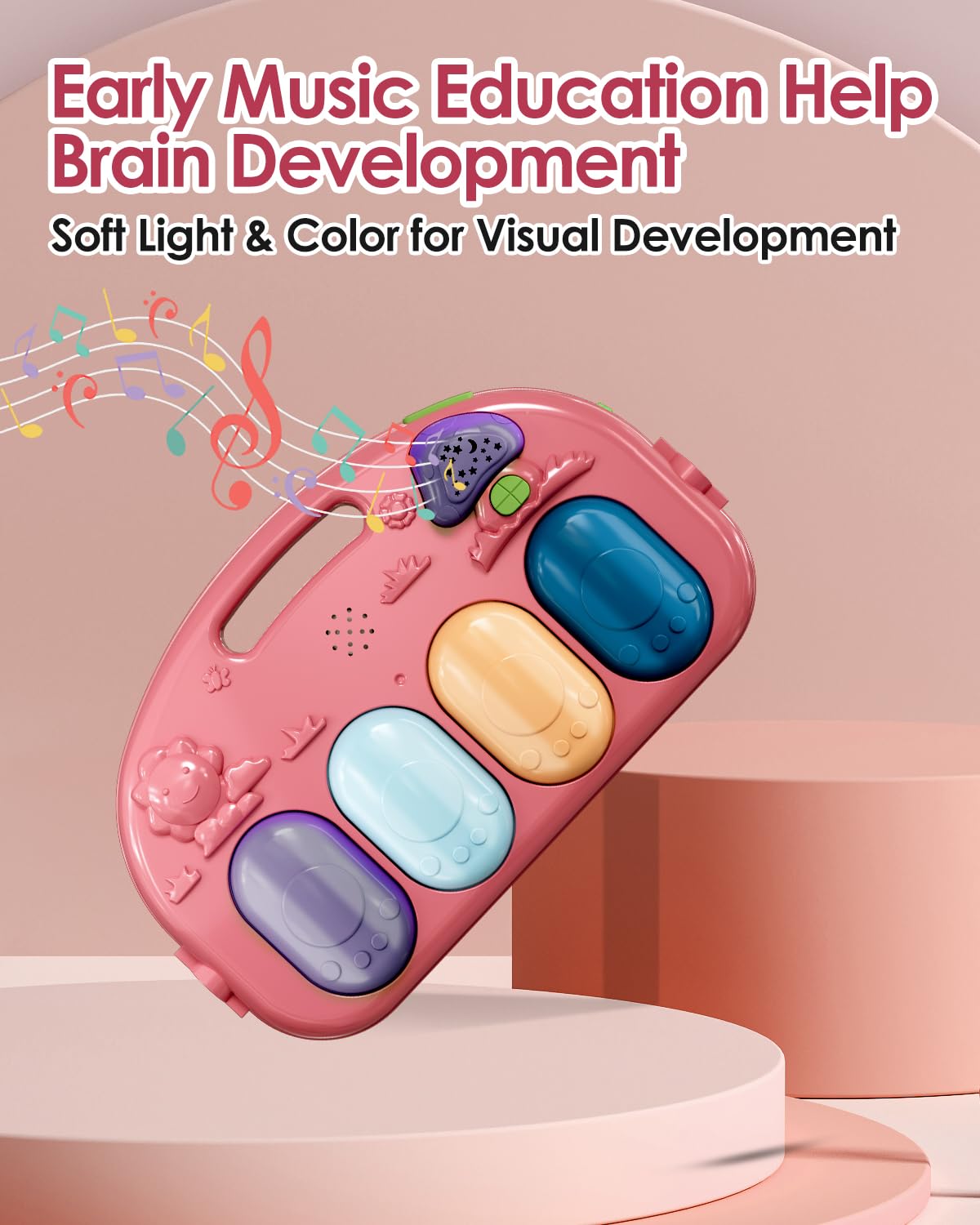 Infant sensory toys including rattles and a flower mirror hanging from the pink activity arch