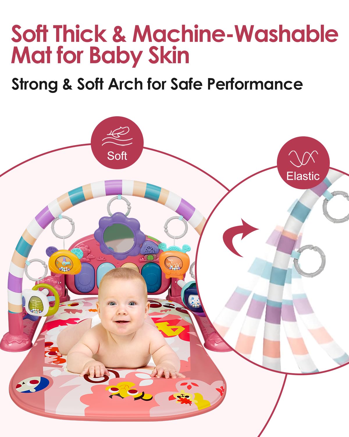 Detailed shot of the machine-washable cushioned fabric base texture of the pink dearlomum play mat