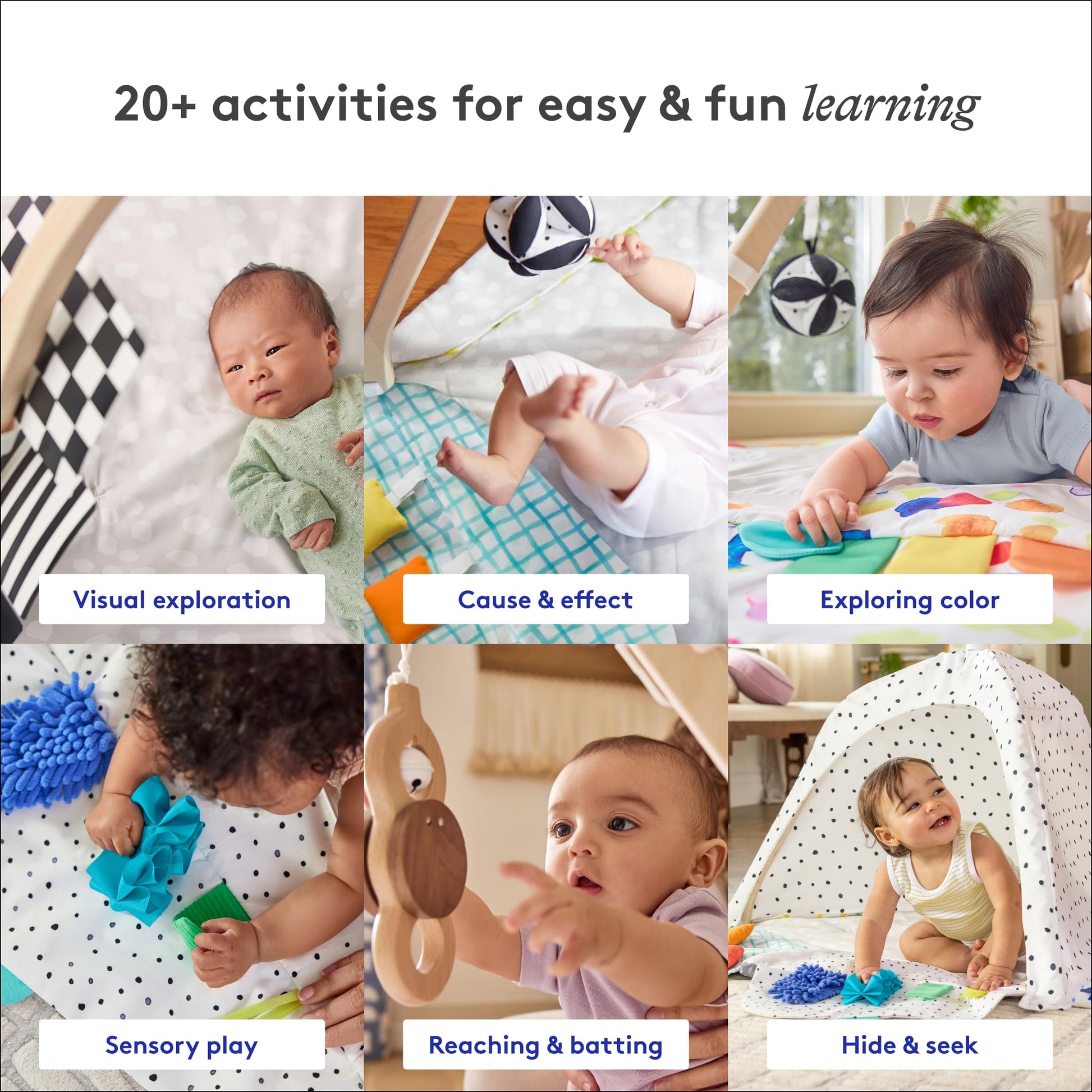 Lovevery developmental gym showing organic cotton teether and batting toy