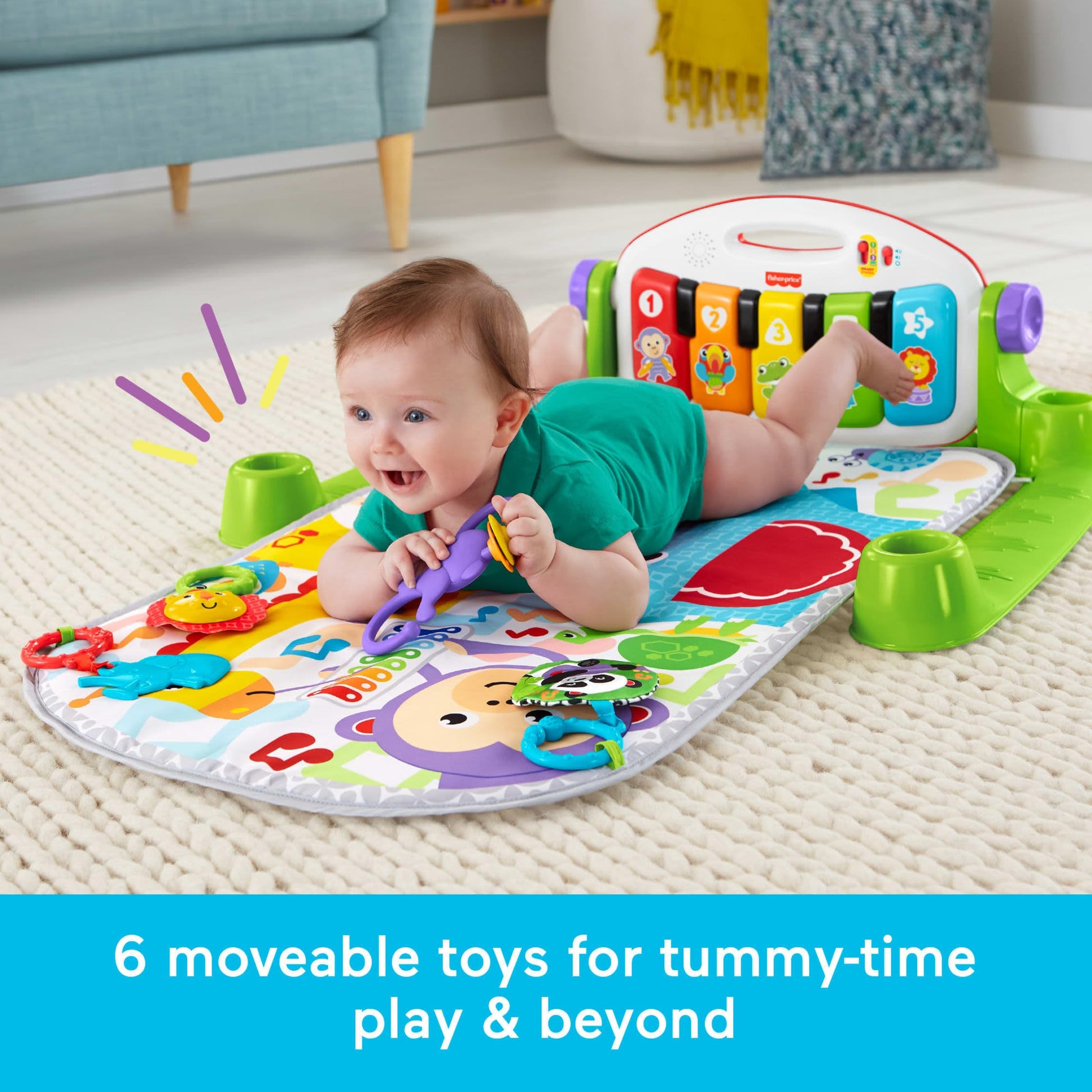 Detached Fisher-Price piano keyboard showing five light up keys and portable carry handle