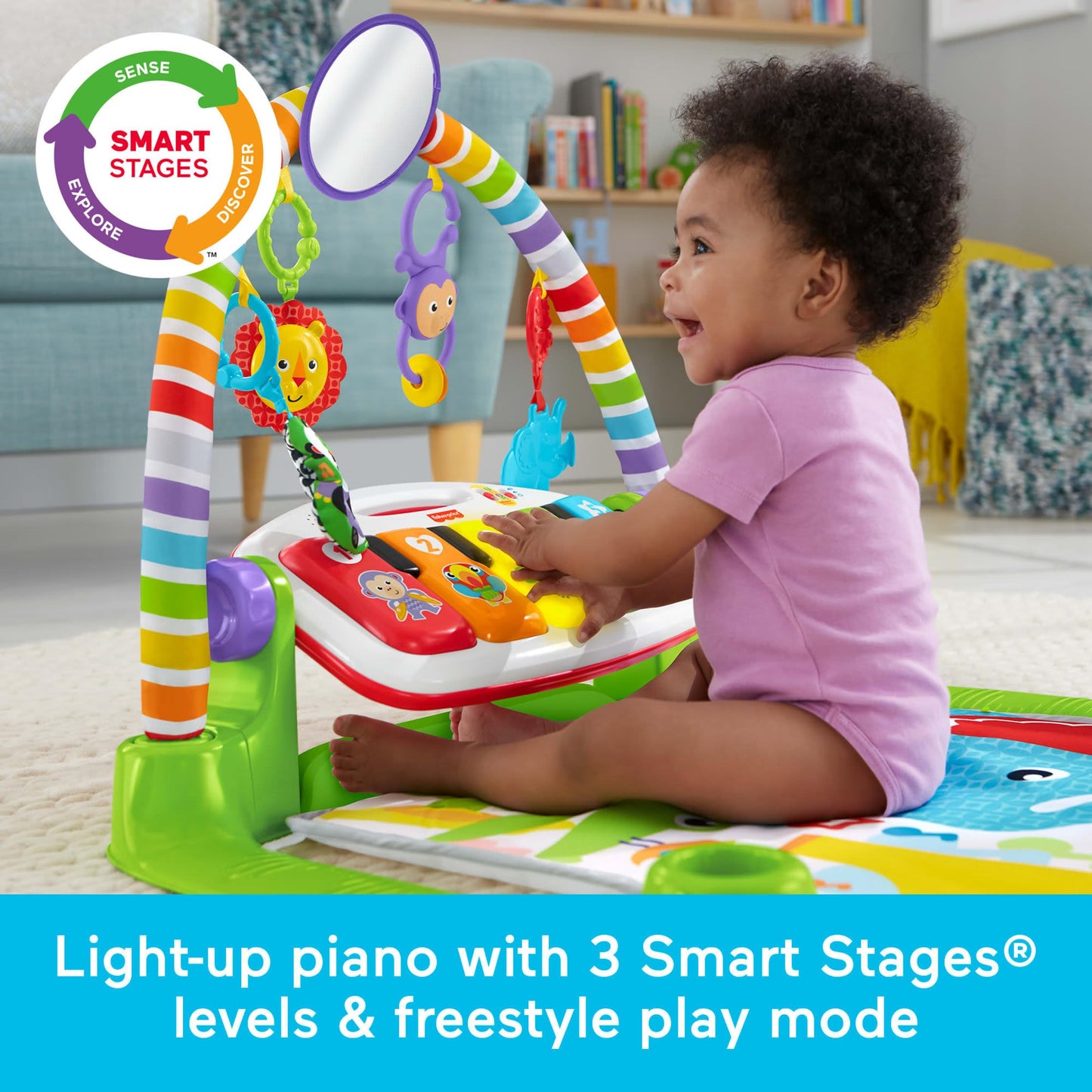 Fisher-Price baby gym overhead layout highlighting the five linkable toys and two rattle maracas