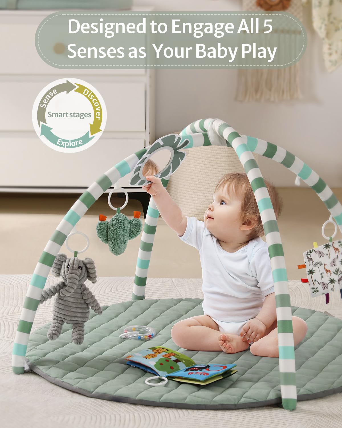 Close up of baby mirror and hanging toys on play gym