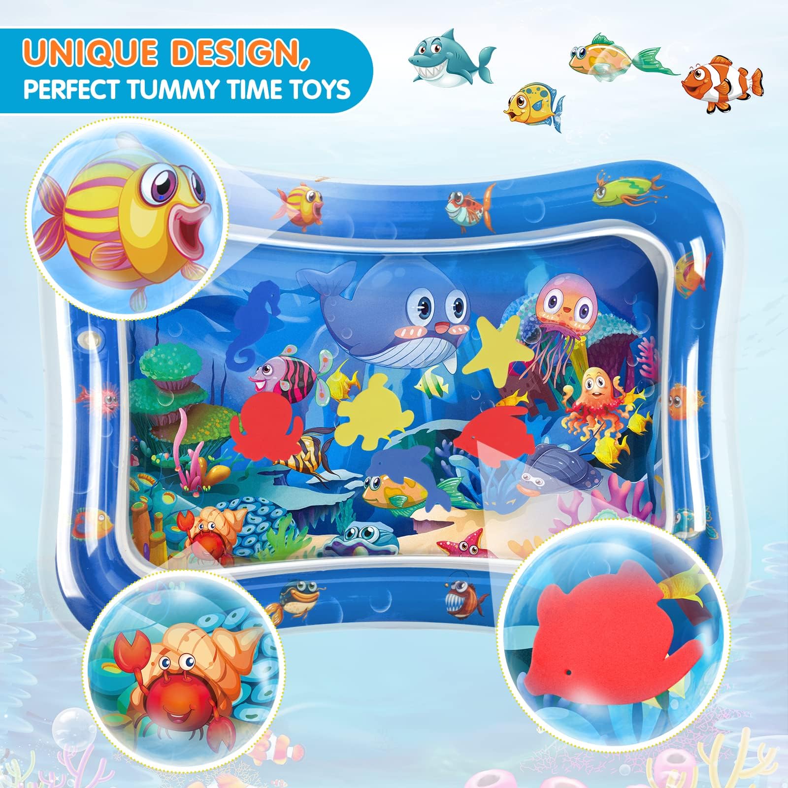 Infinno infant water cushion top perspective highlighting the colorful whale and octopus illustrations