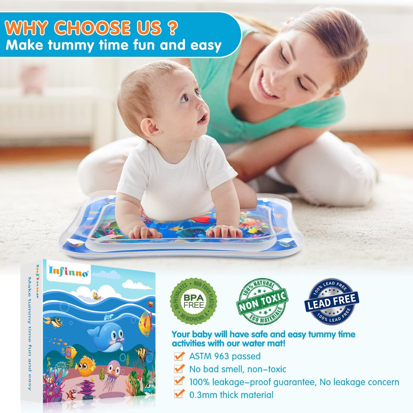 Infinno tummy time sensory toy side angle focusing on the dual air inflation rim and water valve structure