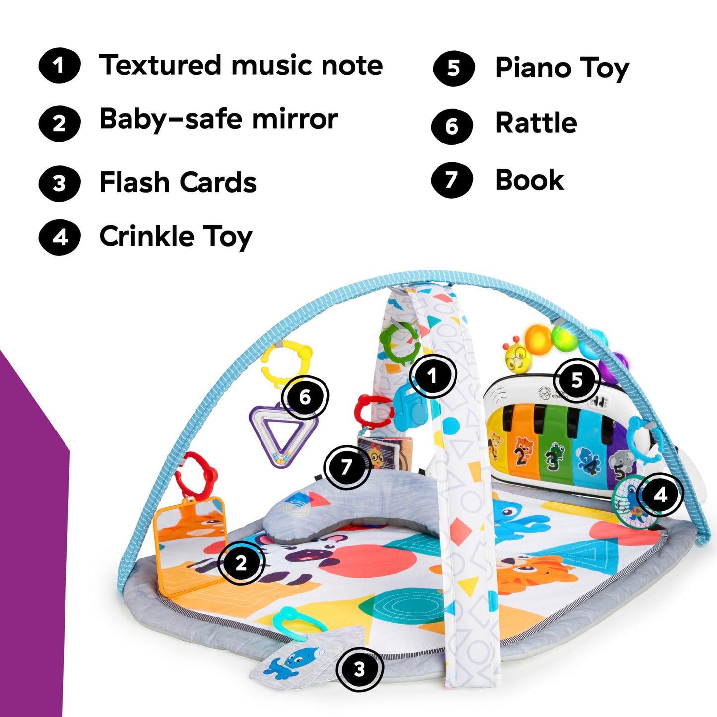 Set of seven detachable developmental accessories including the self-discovery mirror and crinkle medallion.