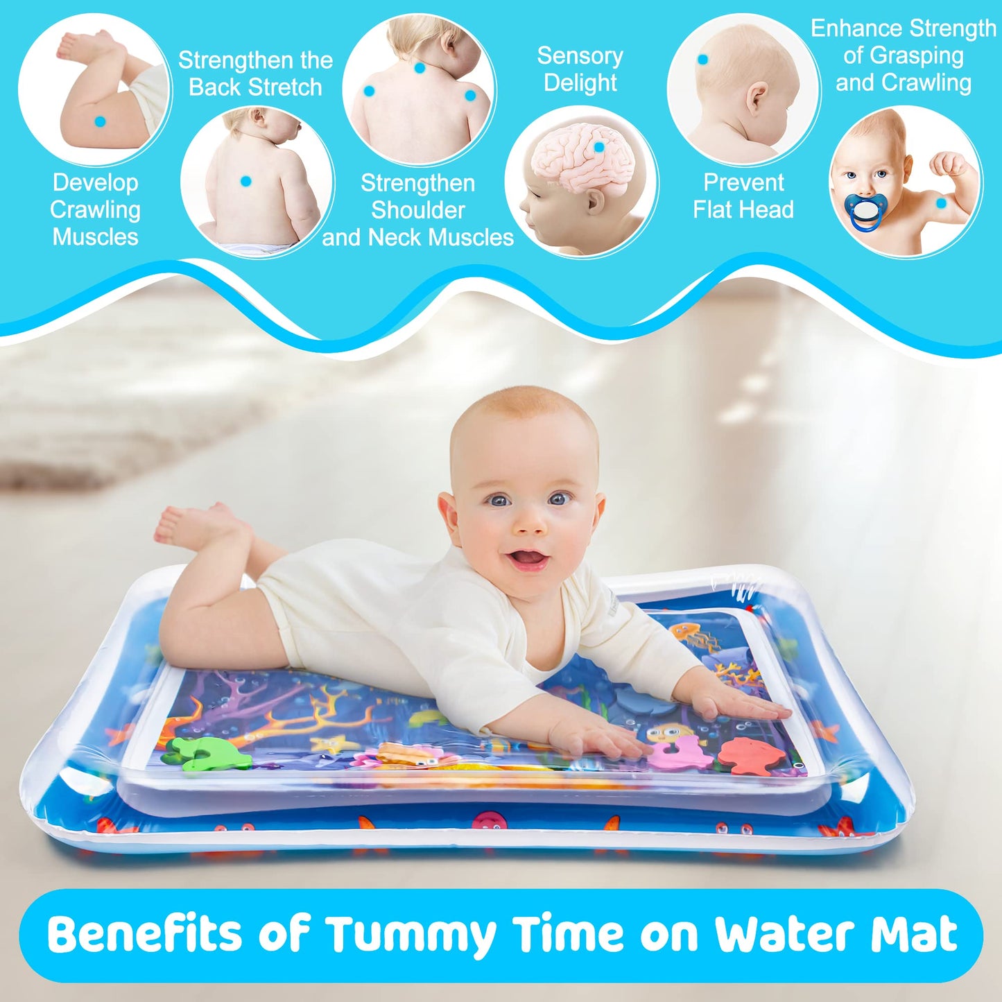 Yeeeasy sensory infant water mat showing thick leakproof premium heavy-duty material construction