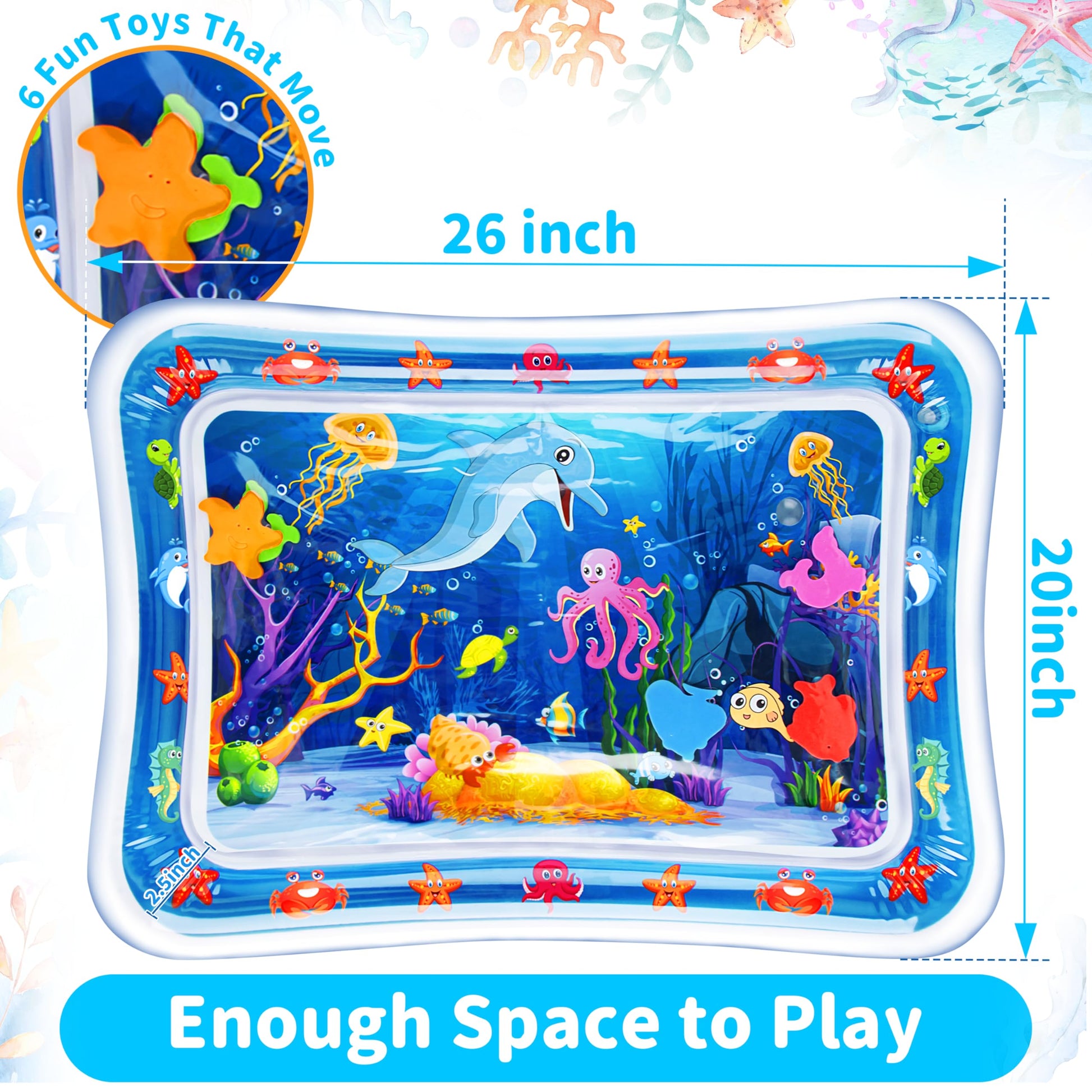Yeeeasy sensory development baby toy showing full dimensions and underwater seabed illustration