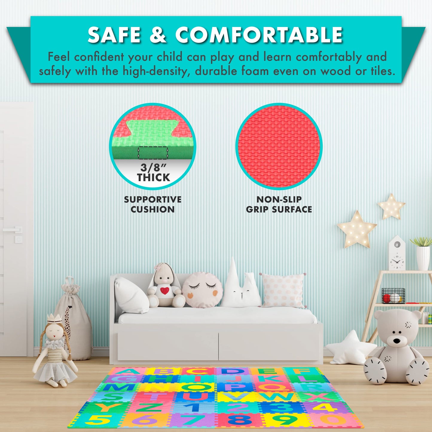 Vibrant primary and secondary colored protective flooring set up in a children's playroom layout