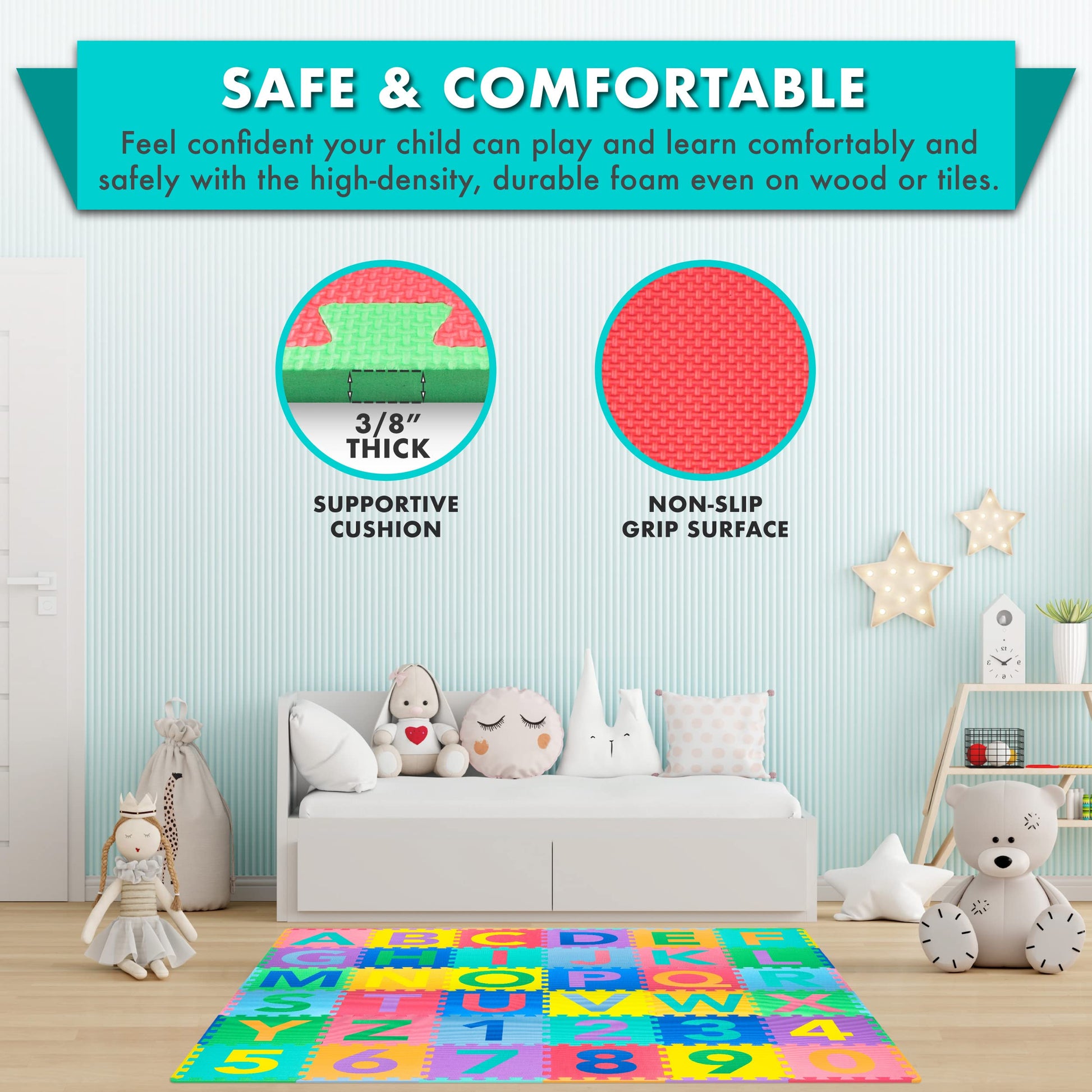 Vibrant primary and secondary colored protective flooring set up in a children's playroom layout