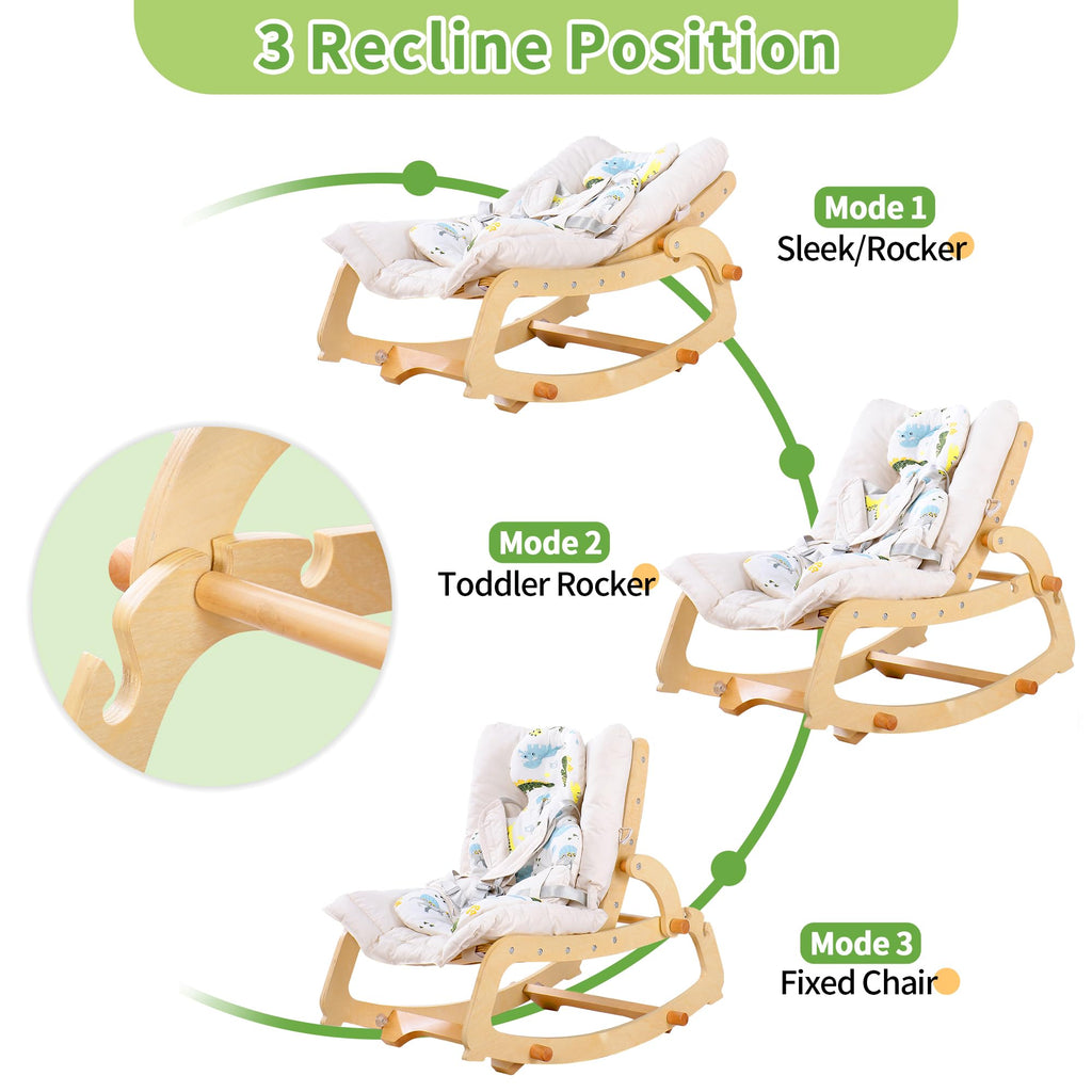 MallBest wooden infant recliner showing three-position recline angle