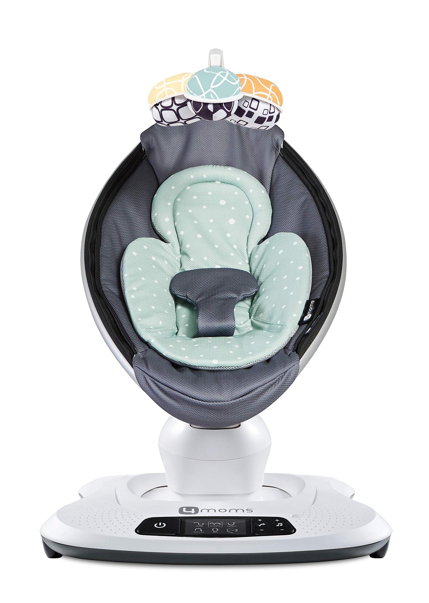4moms infant insert attached to a baby swing showing harness fit