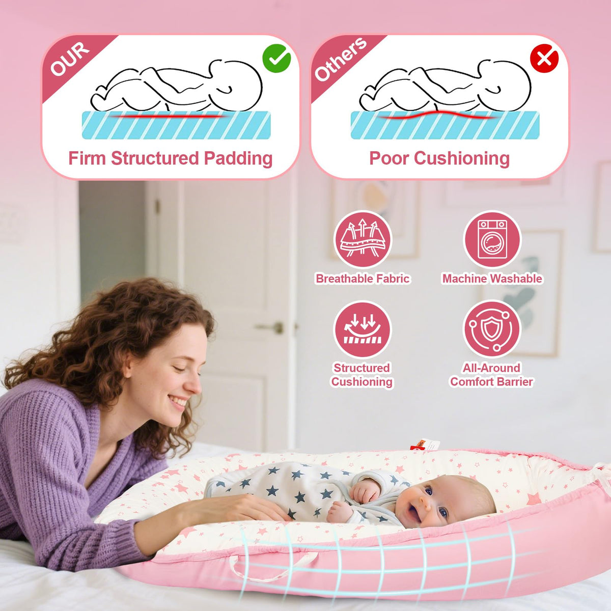 Teeaoe baby lounger packed inside its transparent travel bag