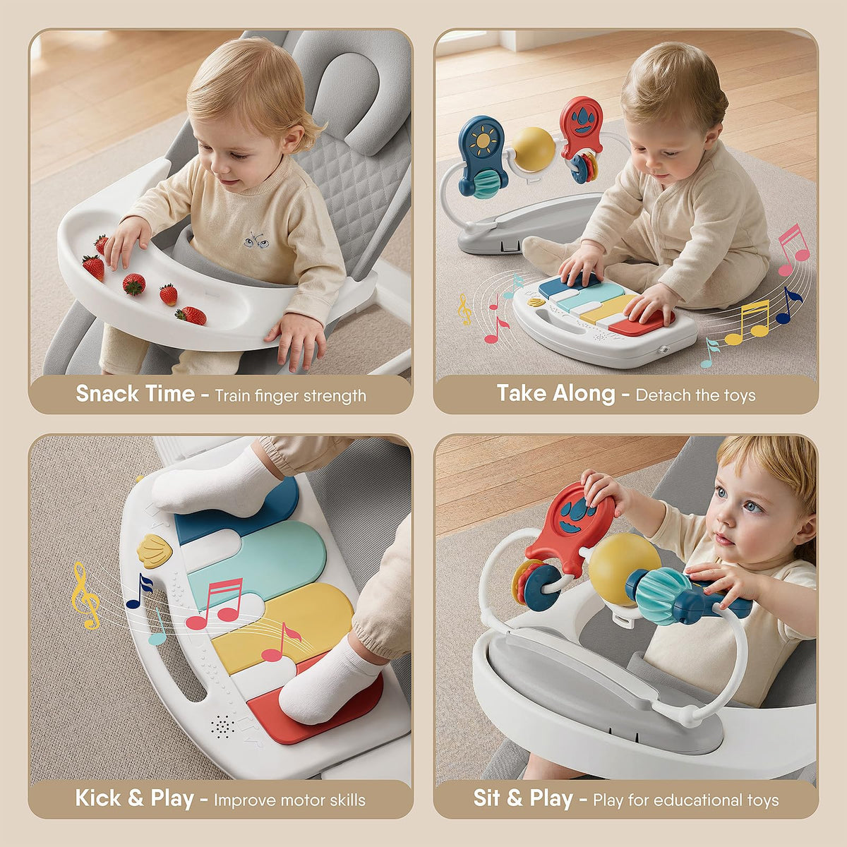 Close up of musical kick piano toy bar attachment