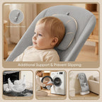 Side profile of grey infant bouncer showing secure safety harness