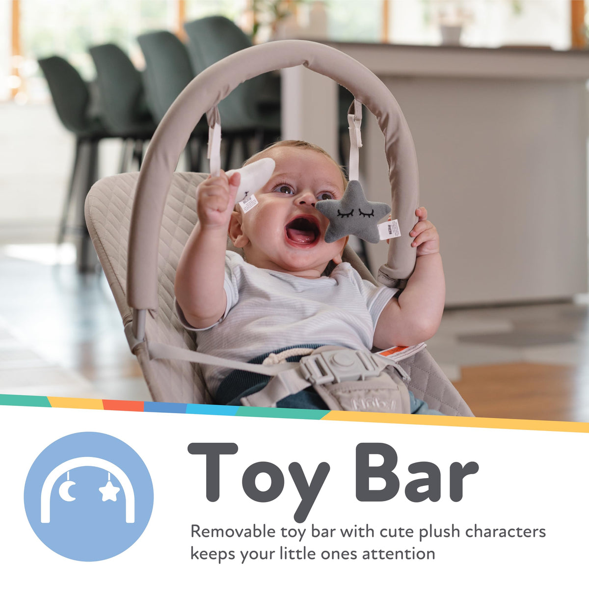 Baby bouncer with removable toy bar and plush toys