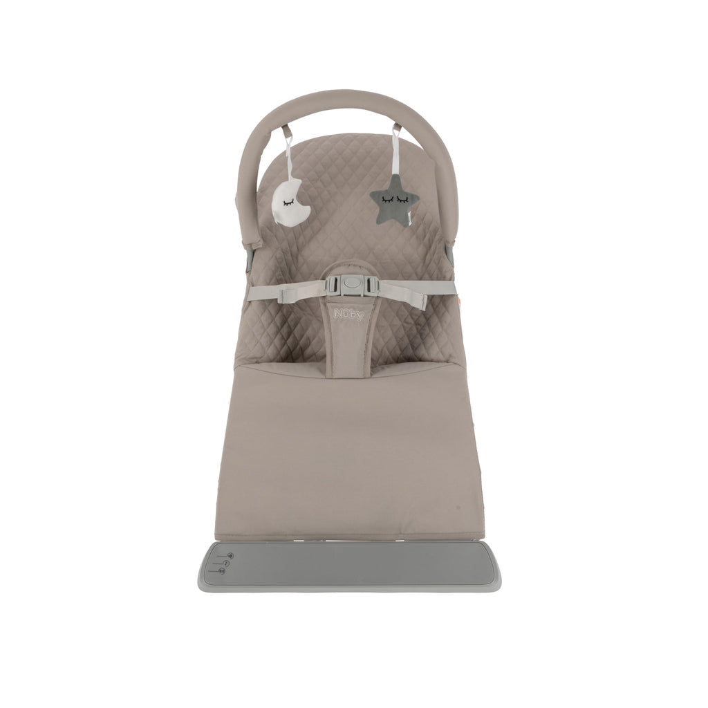 Baby bouncer showing secure three point safety harness