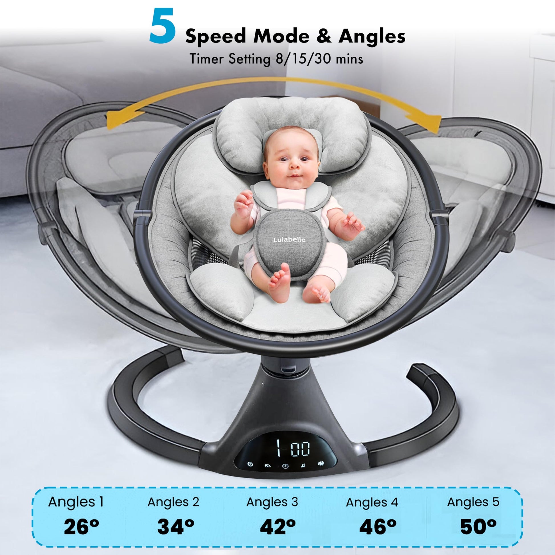 Lulabelle baby swing touch display control panel close up