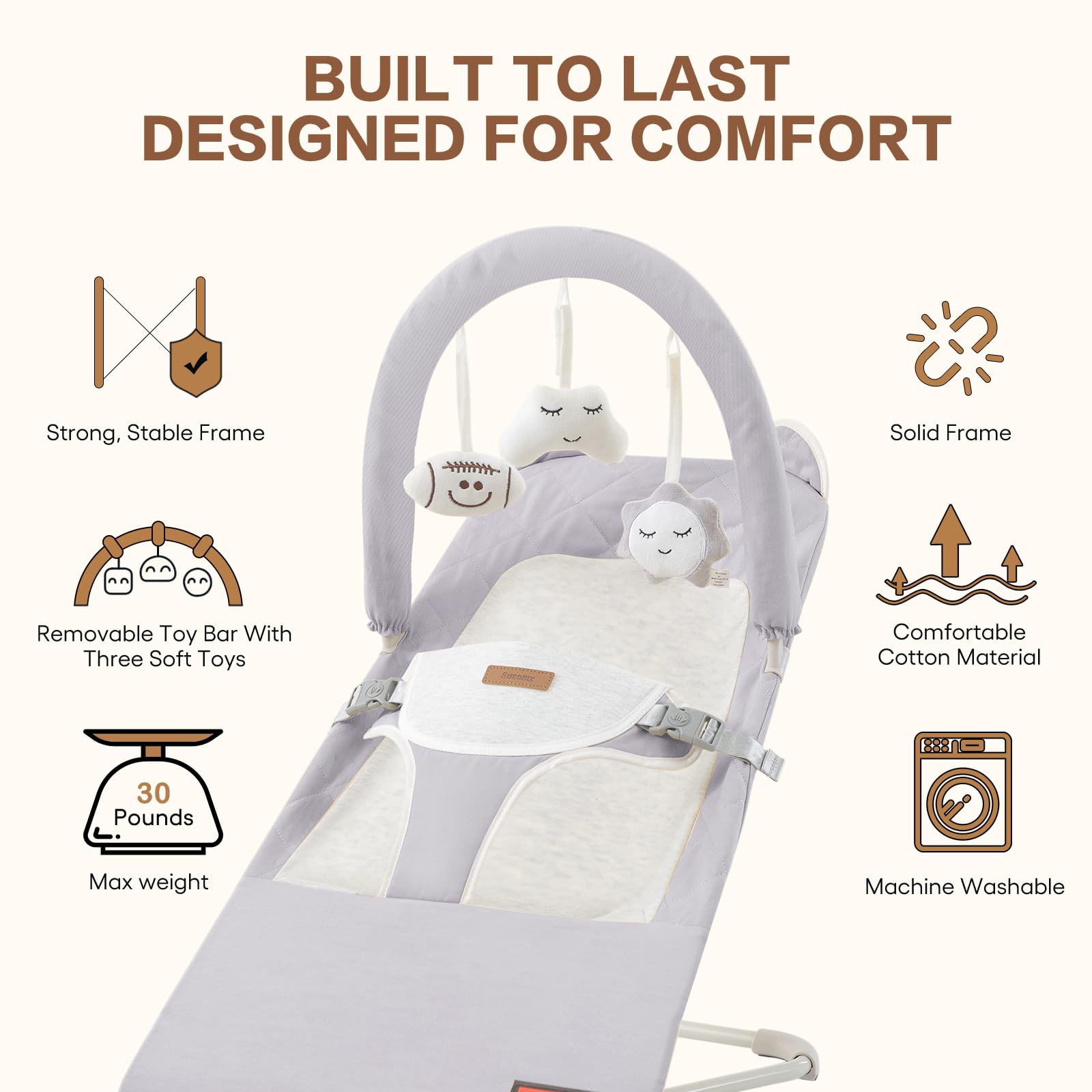 Susomx portable baby bouncer showing height adjustment mechanism