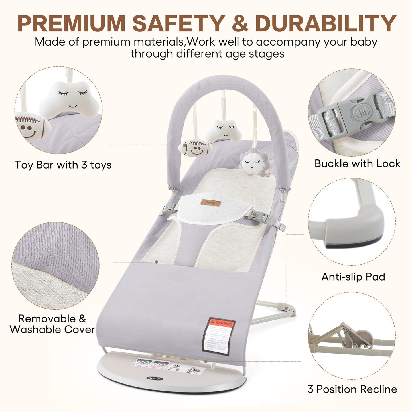 Side profile of Susomx infant bouncer in folded position