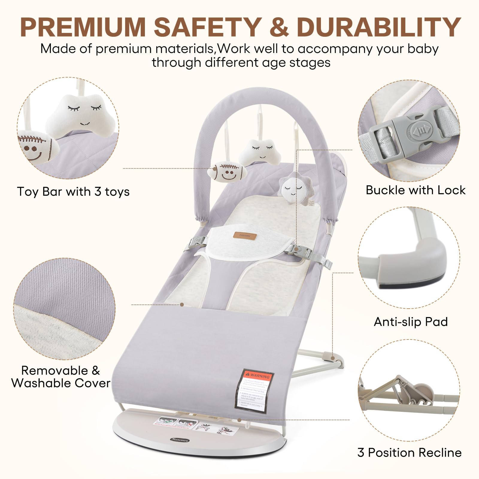Side profile of Susomx infant bouncer in folded position