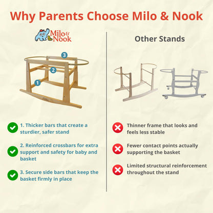 Milo & Nook stand with Moses basket showing bedside height