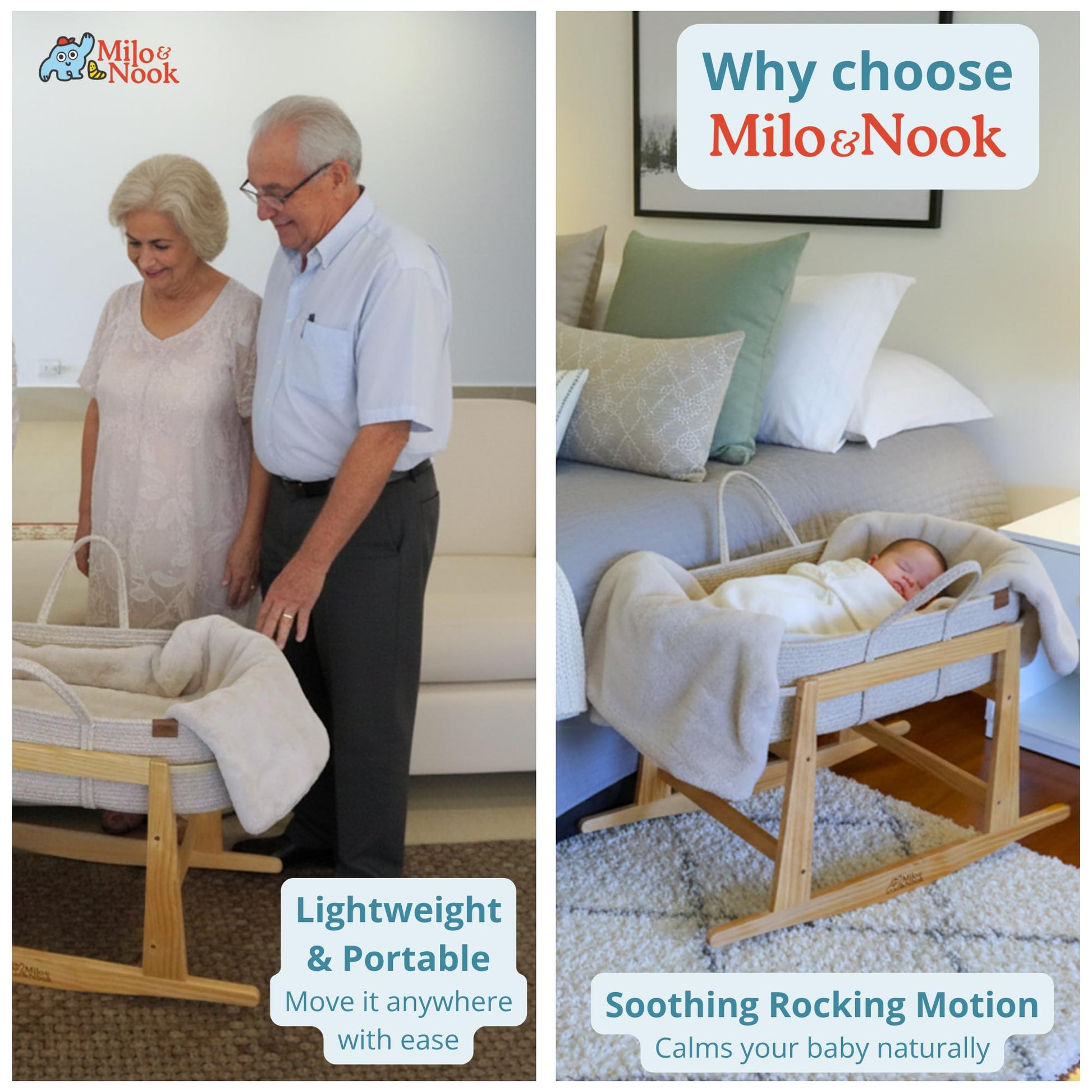 Natural wood finish details of Milo & Nook bassinet stand