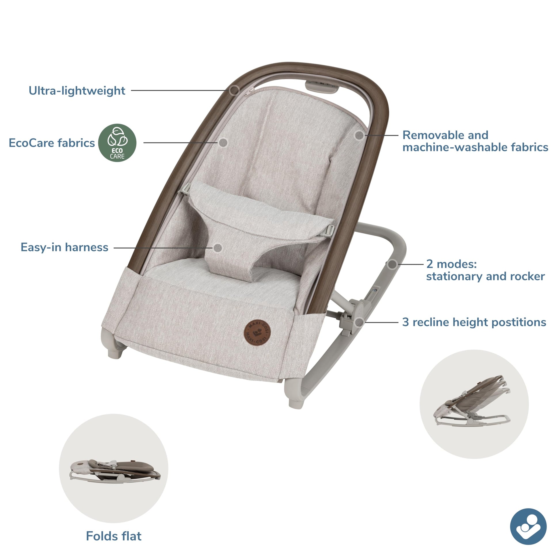 Detailed view of the easy-in harness system on Kori rocker