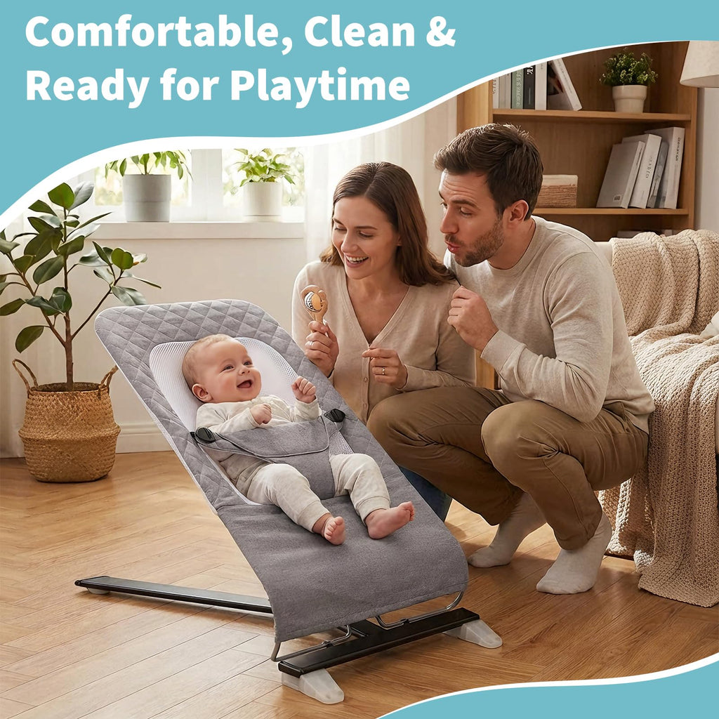 Infant bouncer replacement cover installed on compatible frame