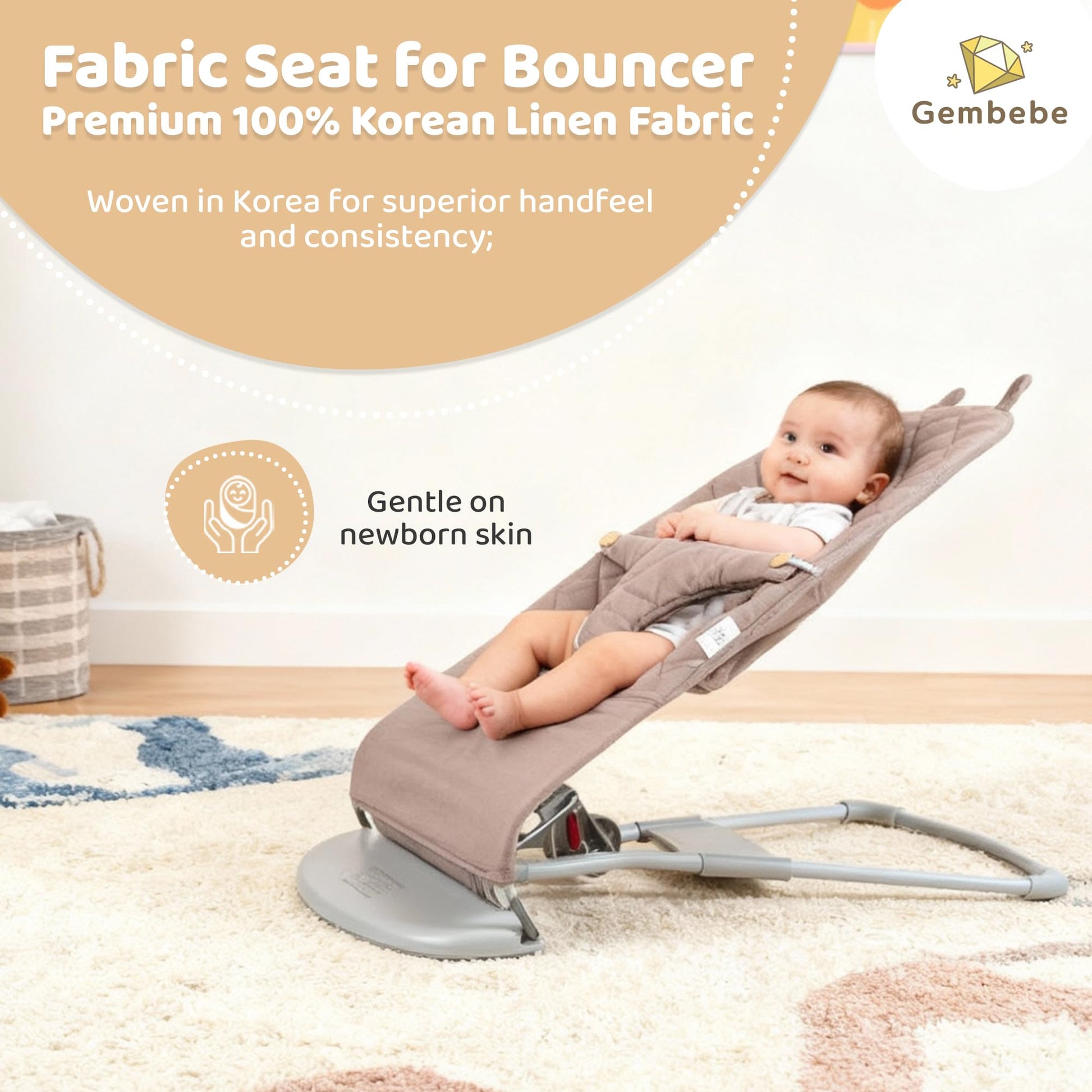 Side profile of gembebe bouncer cover showing wooden button detail