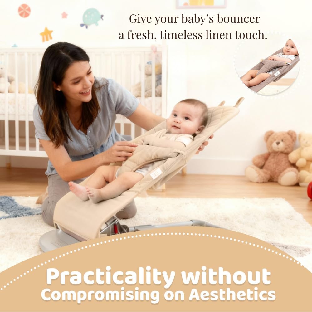 Neutral tone linen bouncer cover in modern nursery setting