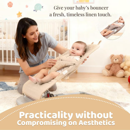 Neutral tone linen bouncer cover in modern nursery setting