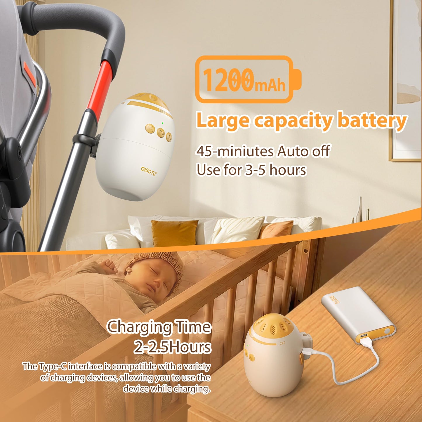 Portable white noise and vibration baby device
