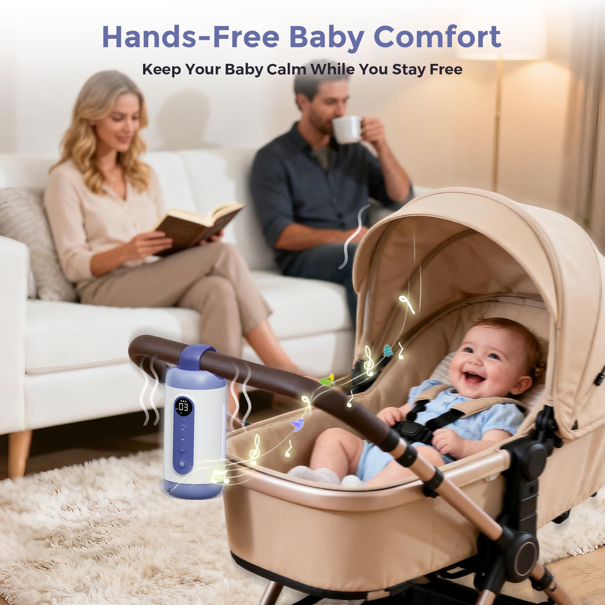 Momfann baby sleep soother attached to stroller handle.