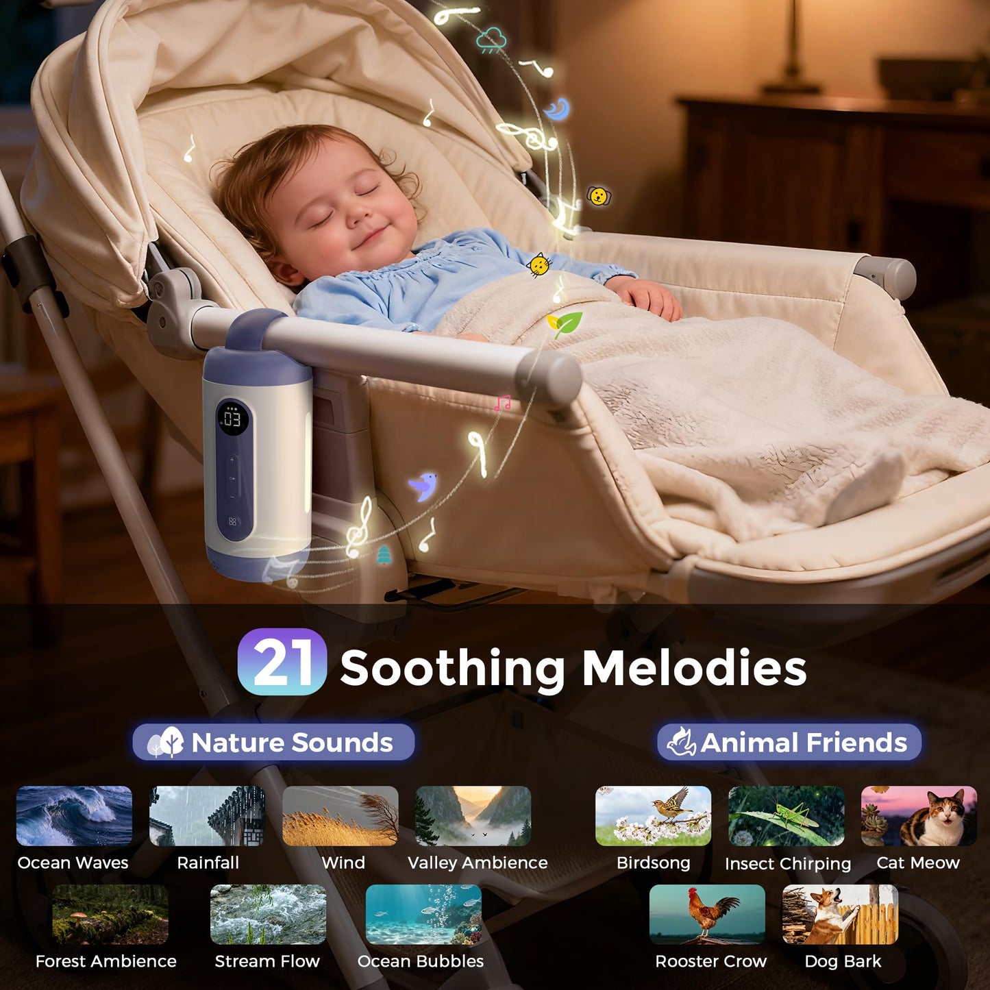Momfann soother showing soft night light feature in dark.