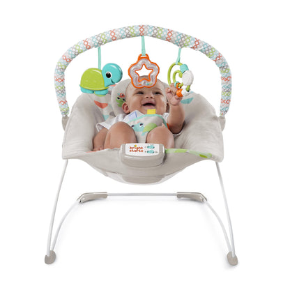 Close up of Taggies sensory tags on baby bouncer