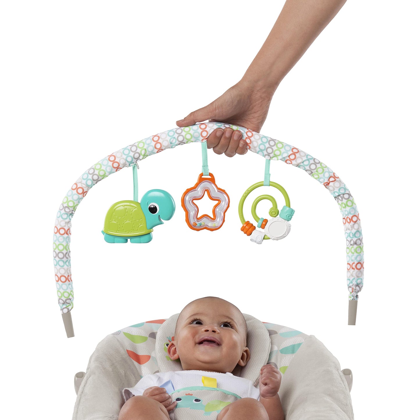 Baby relaxing in Bright Starts Happy Safari bouncer