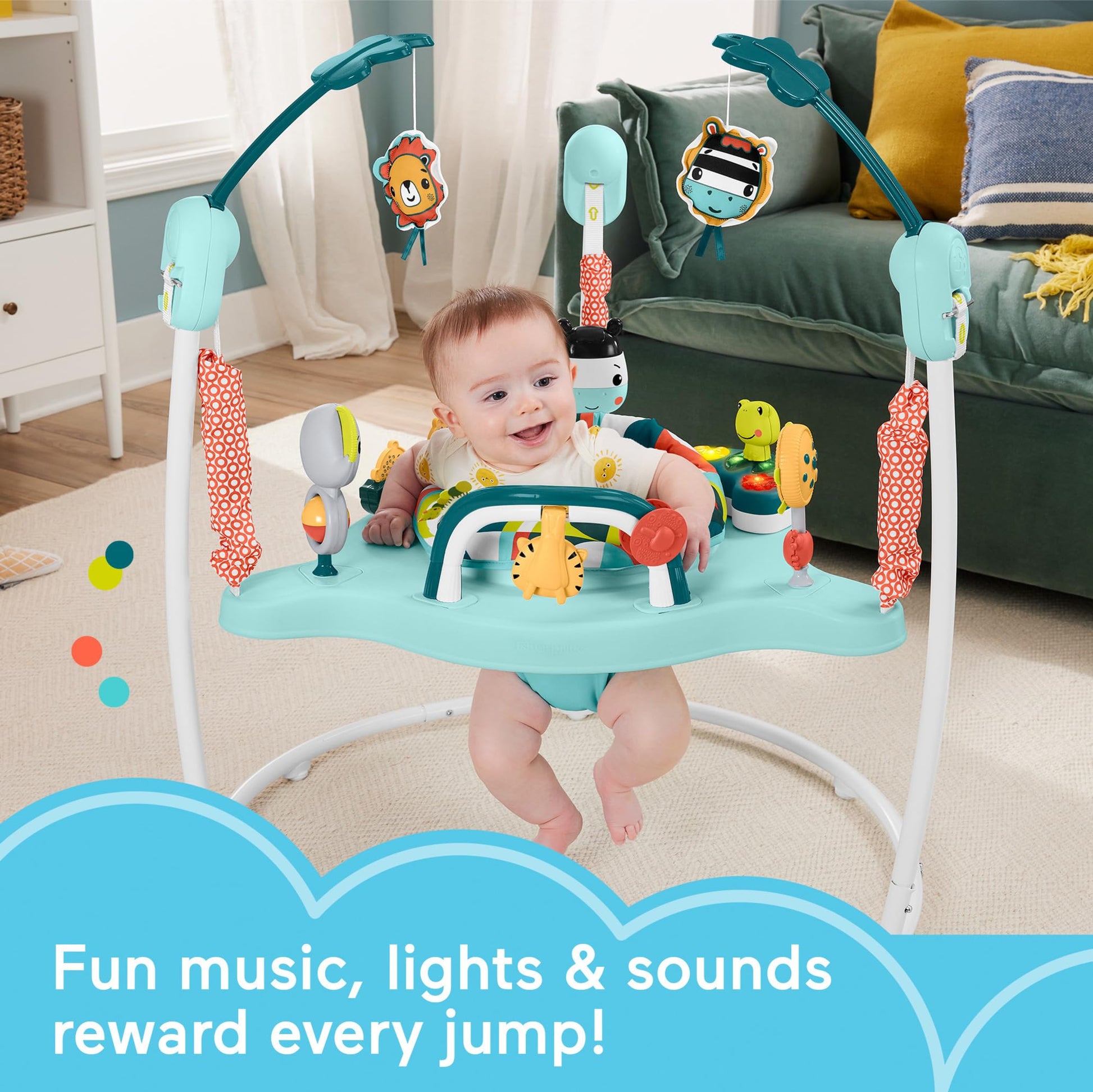 Infant playing with hanging toys on Palm Paradise Jumperoo