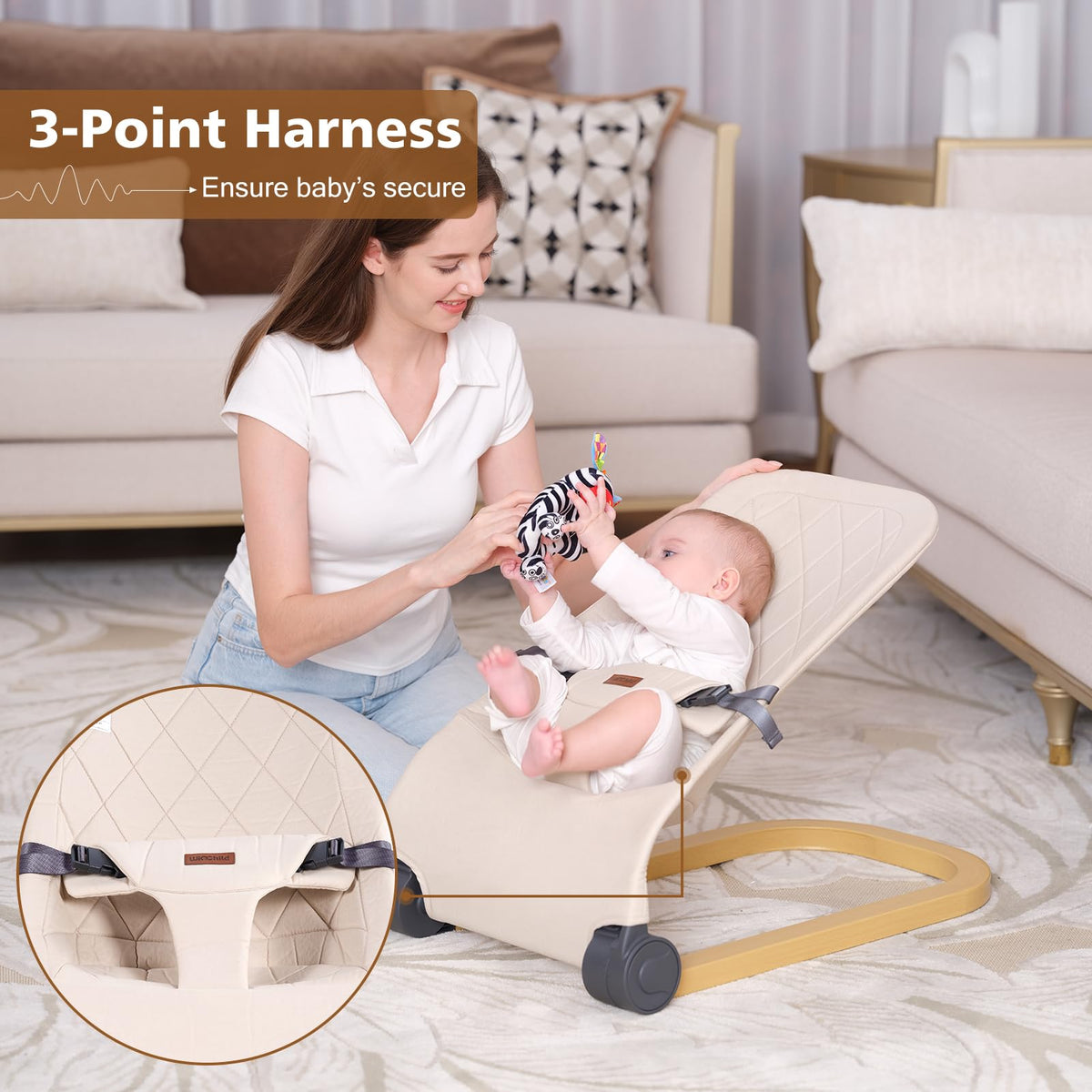 Winchild infant rocker angled view highlighting three height adjustment levels