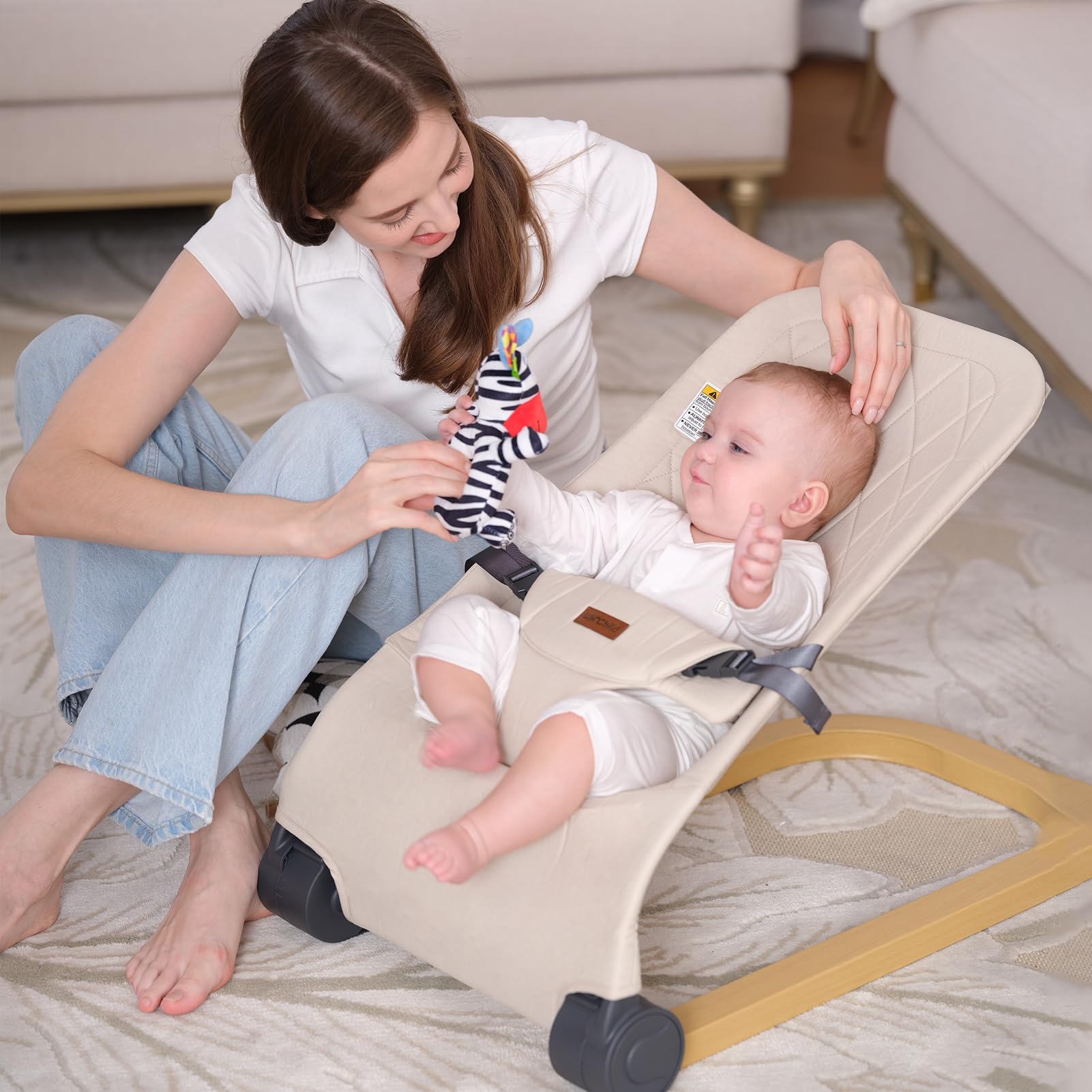 Close up of breathable beige fabric on Winchild baby seat