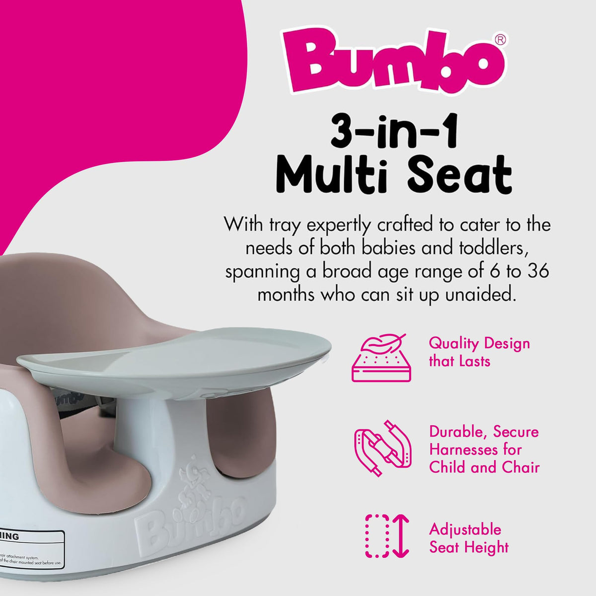 Bumbo Multi Seat shown with attached dining tray for feeding