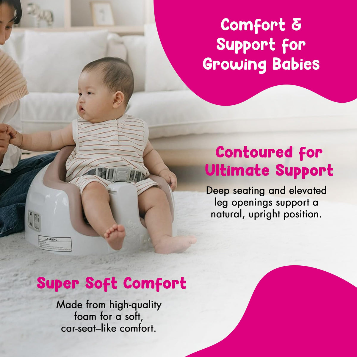 Bumbo infant floor seat featuring 3-point safety harness system
