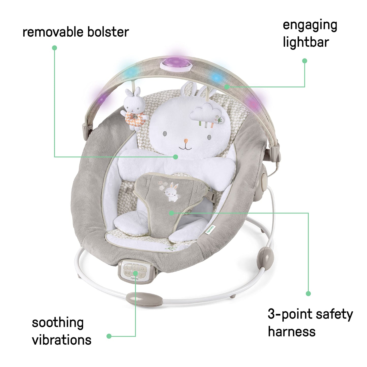 Ingenuity Twinkle Tails bouncer showing light up toy bar