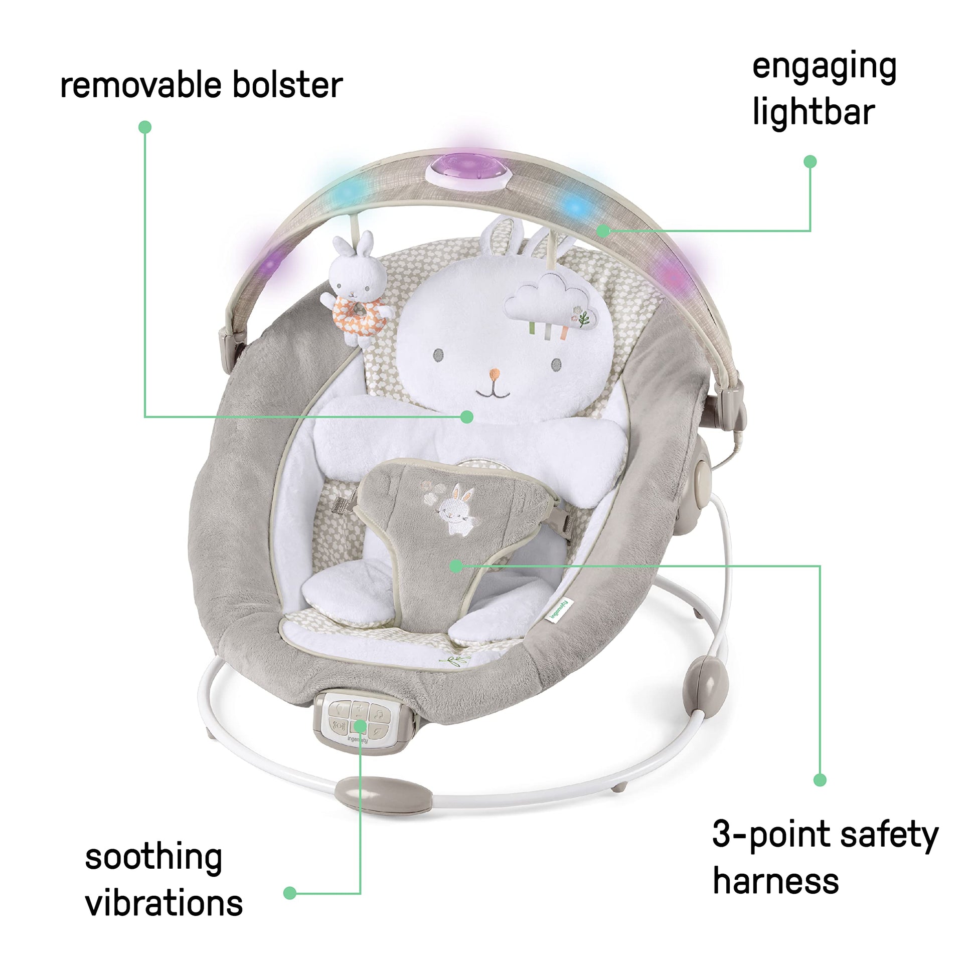 Ingenuity Twinkle Tails bouncer showing light up toy bar