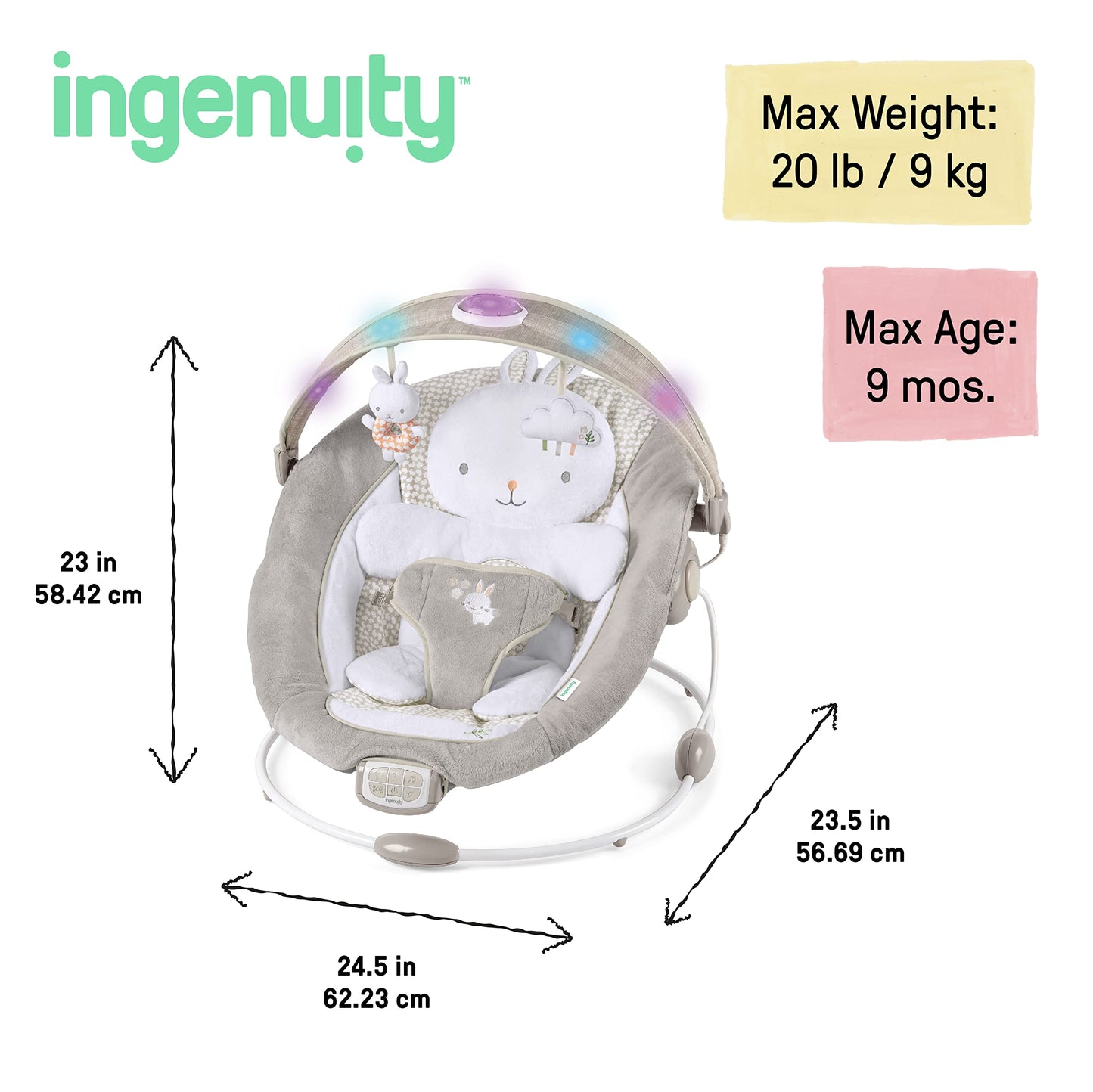 Ingenuity InLighten bouncer with removable bunny tummy time pillow