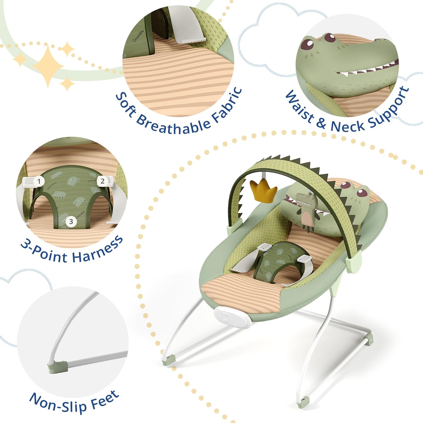 Bright Starts portable bouncer showing secure harness safety.