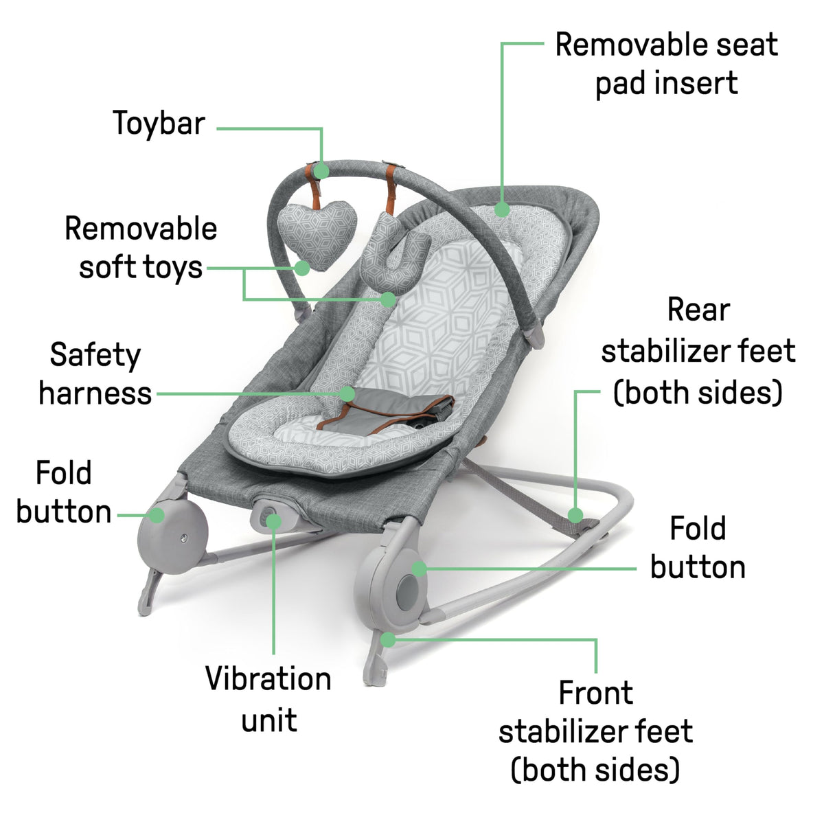 Summer infant bouncer with removable toy bar and soft toys
